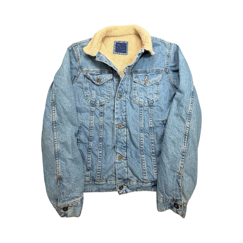 Zara Man Denim Jacket Mens L Light Wash Sherpa Lined Cotton Trucker Western